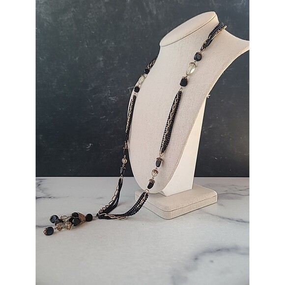 Black And Gold Tone Beaded Tassel Pendant Necklace Vintage Costume Jewelry - Picture 1 of 10
